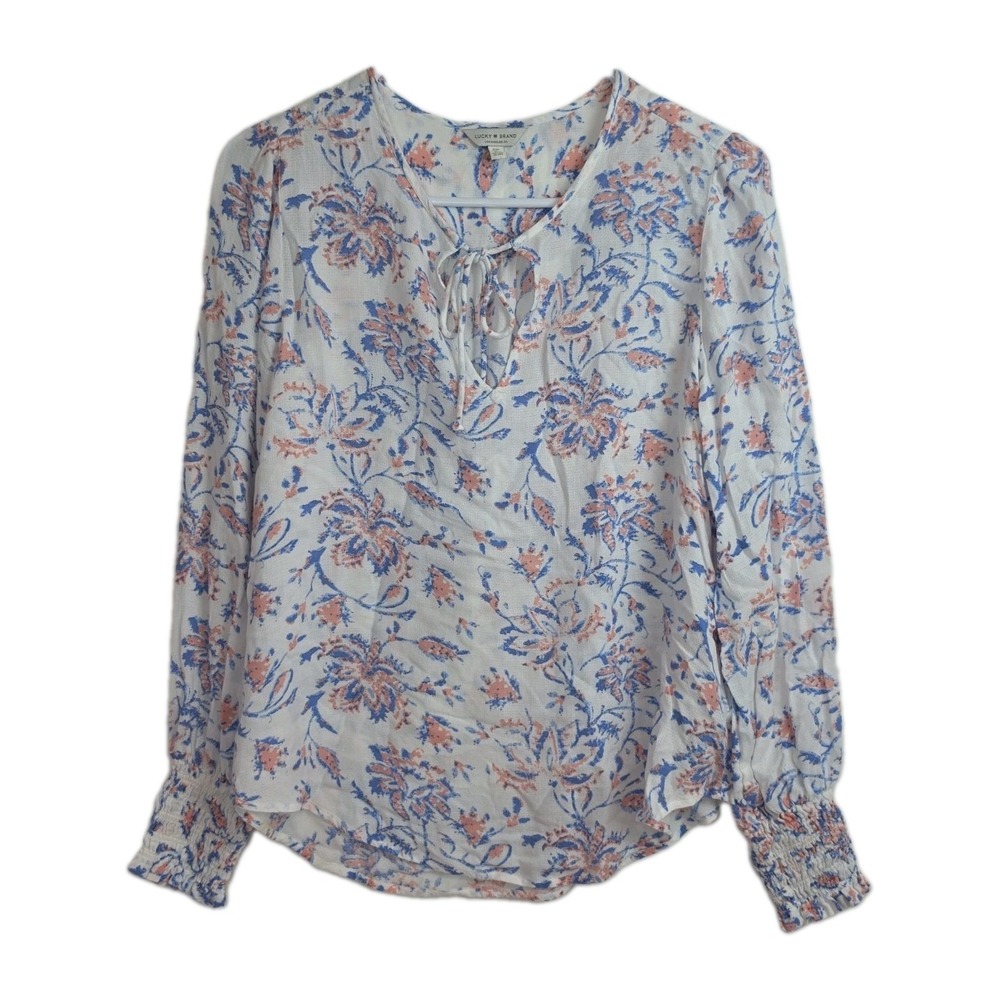 Lucky Brand Flowy Blouse Women's S White w/ Blue/Pink Floral Design Long Sleeves